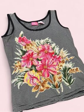 Striped Tank with Pink Floral Applique